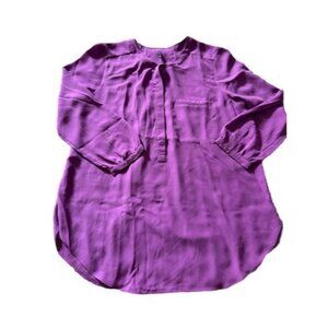 NYDJ Women Purple Pleated Back 3/4 Sleeve Sheer Top Blouse Size Small Career